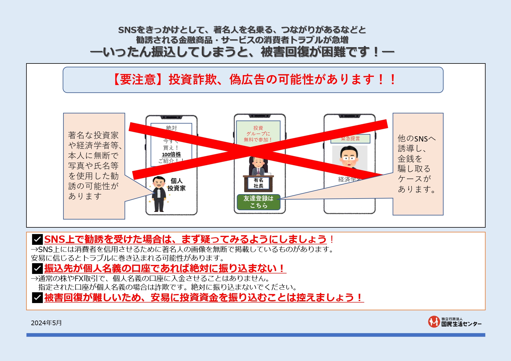 SNSをきっかけとして、著名人を名乗る、つながりがあるなどと勧誘される金融商品・サービスの消費者トラブルが急増－いったん振込してしまうと、被害回復が困難です！－